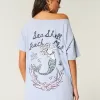 Oversized Off-the-Shoulder Sea Shell Beach Club Graphic Tee,Oversized Off-the-Shoulder Sea Shell Beach Club Graphic Tee