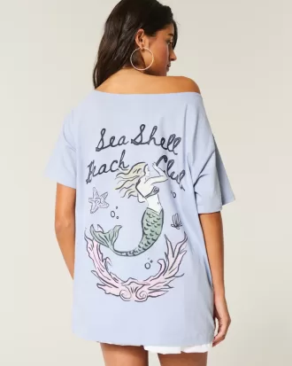 Oversized Off-the-Shoulder Sea Shell Beach Club Graphic Tee,Oversized Off-the-Shoulder Sea Shell Beach Club Graphic Tee