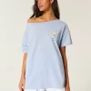 Oversized Off-the-Shoulder Sea Shell Beach Club Graphic Tee,Oversized Off-the-Shoulder Sea Shell Beach Club Graphic Tee