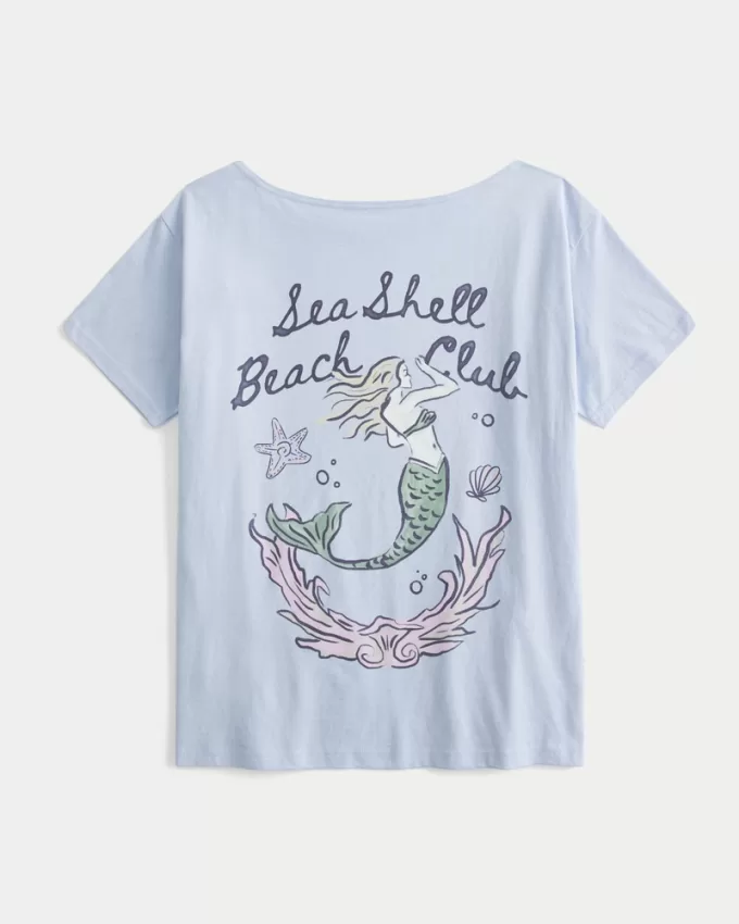 Oversized Off-the-Shoulder Sea Shell Beach Club Graphic Tee,Oversized Off-the-Shoulder Sea Shell Beach Club Graphic Tee