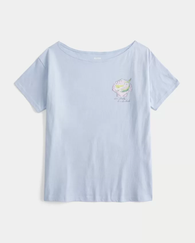 Oversized Off-the-Shoulder Sea Shell Beach Club Graphic Tee,Oversized Off-the-Shoulder Sea Shell Beach Club Graphic Tee