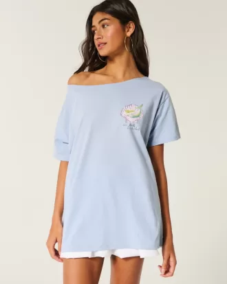 Oversized Off-the-Shoulder Sea Shell Beach Club Graphic Tee,Oversized Off-the-Shoulder Sea Shell Beach Club Graphic Tee