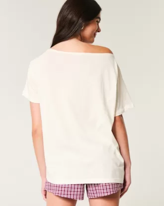 Oversized Off-the-Shoulder Snoopy Graphic Tee,Oversized Off-the-Shoulder Snoopy Graphic Tee