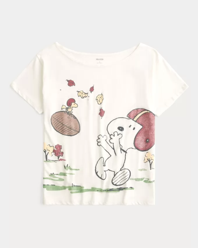 Oversized Off-the-Shoulder Snoopy Graphic Tee,Oversized Off-the-Shoulder Snoopy Graphic Tee