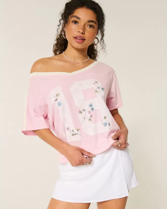 Oversized Off-the-Shoulder Varsity Floral Graphic Tee,Oversized Off-the-Shoulder Varsity Floral Graphic Tee