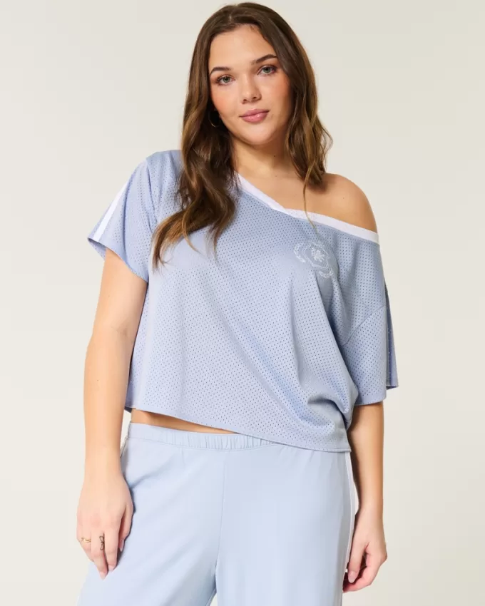 Oversized Off-the-Shoulder Varsity Graphic Jersey,Oversized Off-the-Shoulder Varsity Graphic Jersey