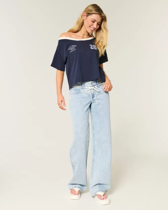 Oversized Off-the-Shoulder Varsity Graphic Tee,Oversized Off-the-Shoulder Varsity Graphic Tee