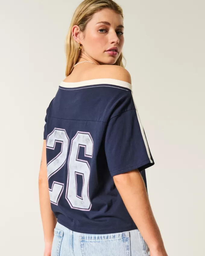 Oversized Off-the-Shoulder Varsity Graphic Tee,Oversized Off-the-Shoulder Varsity Graphic Tee