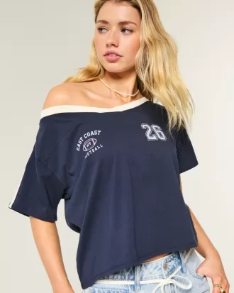 Oversized Off-the-Shoulder Varsity Graphic Tee,Oversized Off-the-Shoulder Varsity Graphic Tee