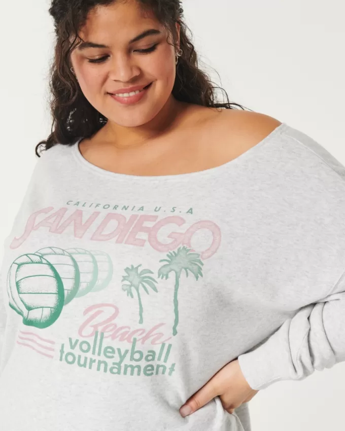 Oversized Off-the-Shoulder Volleyball Graphic Sweatshirt,Oversized Off-the-Shoulder Volleyball Graphic Sweatshirt