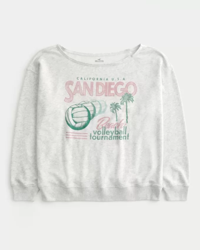 Oversized Off-the-Shoulder Volleyball Graphic Sweatshirt,Oversized Off-the-Shoulder Volleyball Graphic Sweatshirt