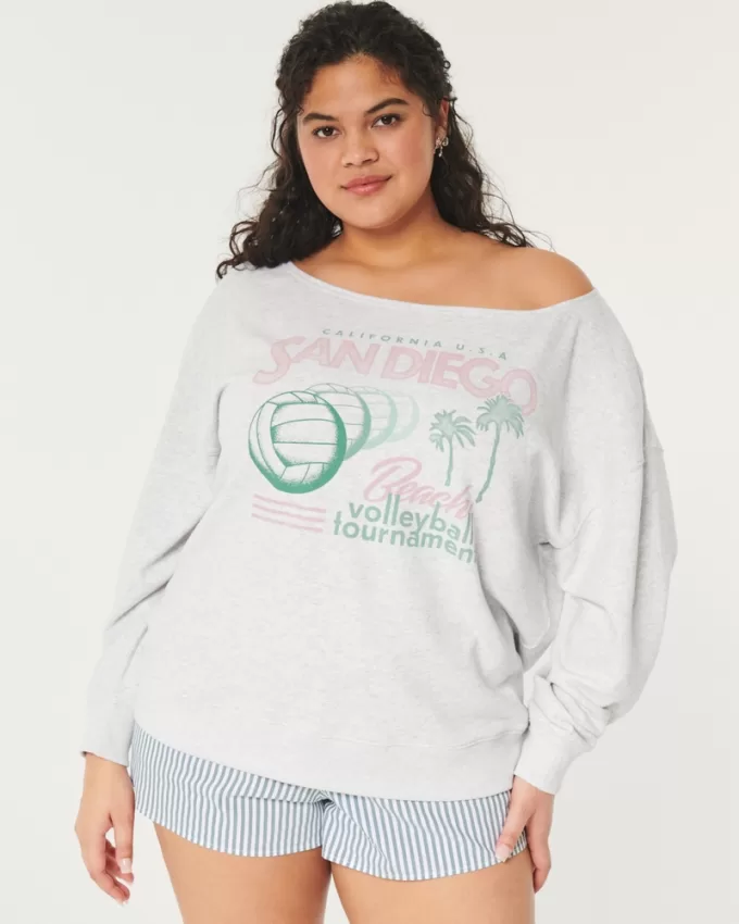Oversized Off-the-Shoulder Volleyball Graphic Sweatshirt,Oversized Off-the-Shoulder Volleyball Graphic Sweatshirt