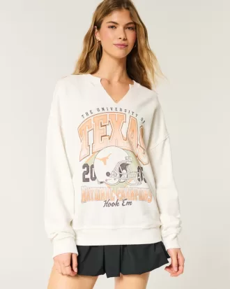 Oversized University of Texas Graphic Notch-Neck Sweatshirt,Oversized University of Texas Graphic Notch-Neck Sweatshirt