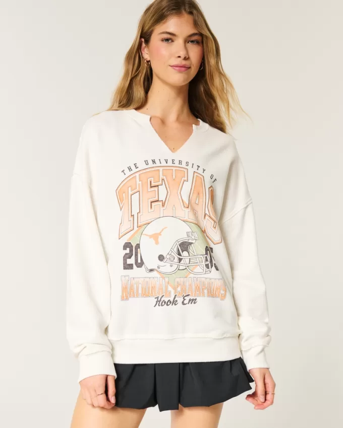 Oversized University of Texas Graphic Notch-Neck Sweatshirt,Oversized University of Texas Graphic Notch-Neck Sweatshirt