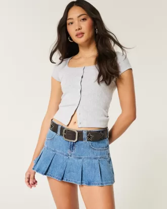Pleated Denim Mini Skort,Pleated Denim Mini Skort