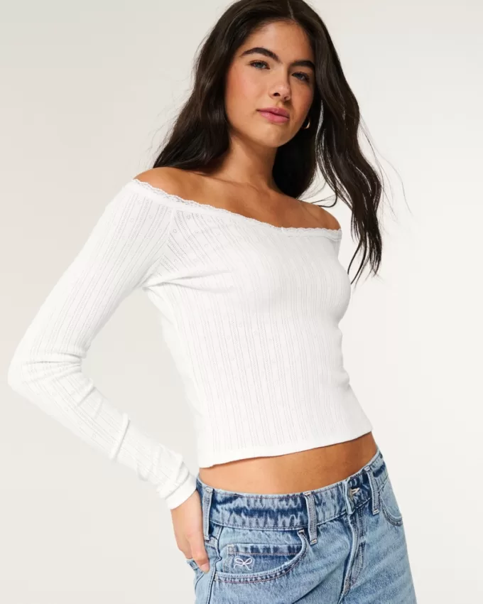 Pointelle Lace Trim Top,Pointelle Lace Trim Top