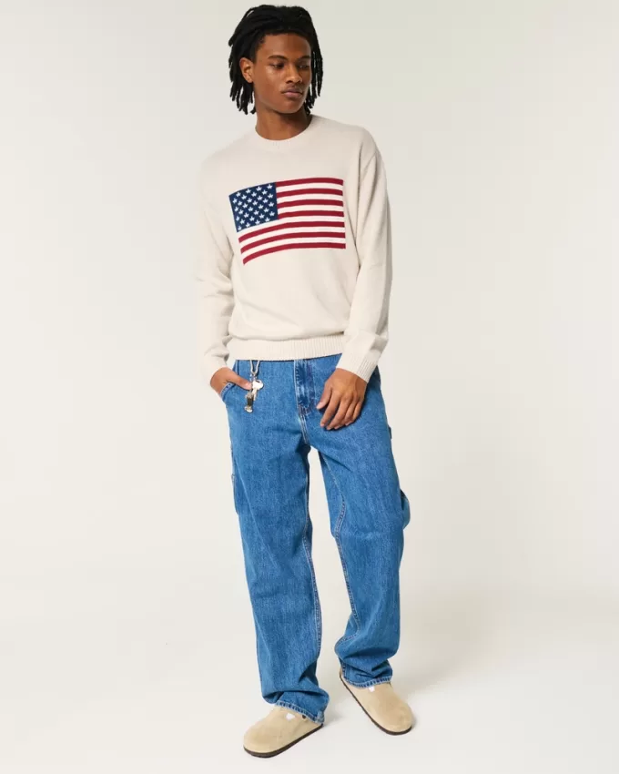 Relaxed American Flag Graphic Crew Sweater,Relaxed American Flag Graphic Crew Sweater