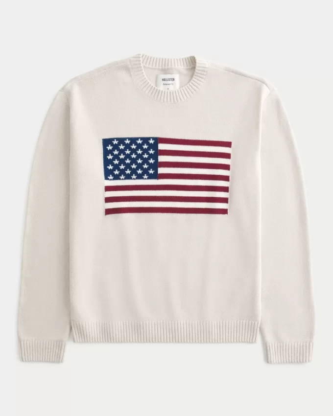 Relaxed American Flag Graphic Crew Sweater,Relaxed American Flag Graphic Crew Sweater
