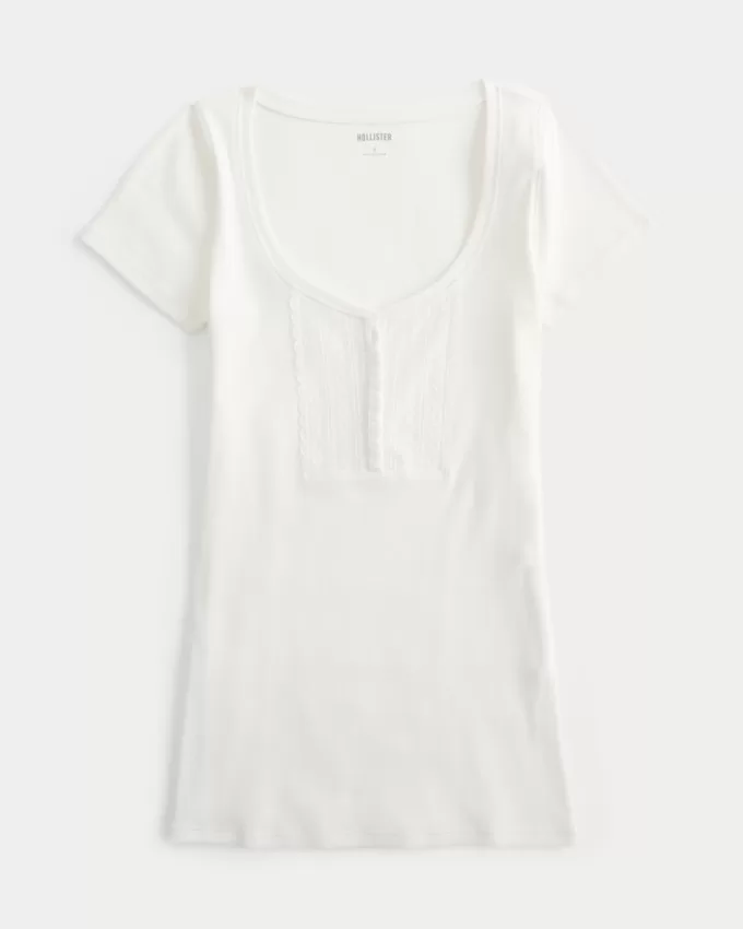 Ribbed Lace Placket Scoop Henley,Ribbed Lace Placket Scoop Henley