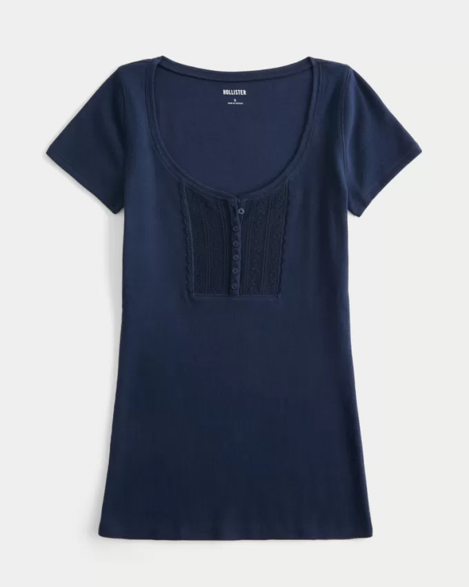 Ribbed Lace Placket Scoop Henley,Ribbed Lace Placket Scoop Henley