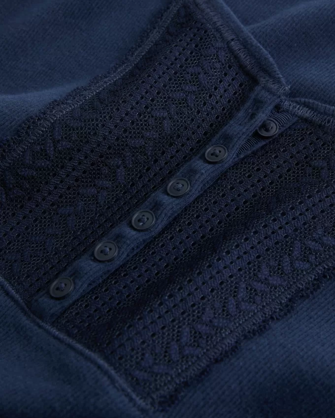 Ribbed Lace Placket Scoop Henley,Ribbed Lace Placket Scoop Henley