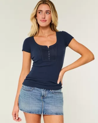 Ribbed Lace Placket Scoop Henley,Ribbed Lace Placket Scoop Henley