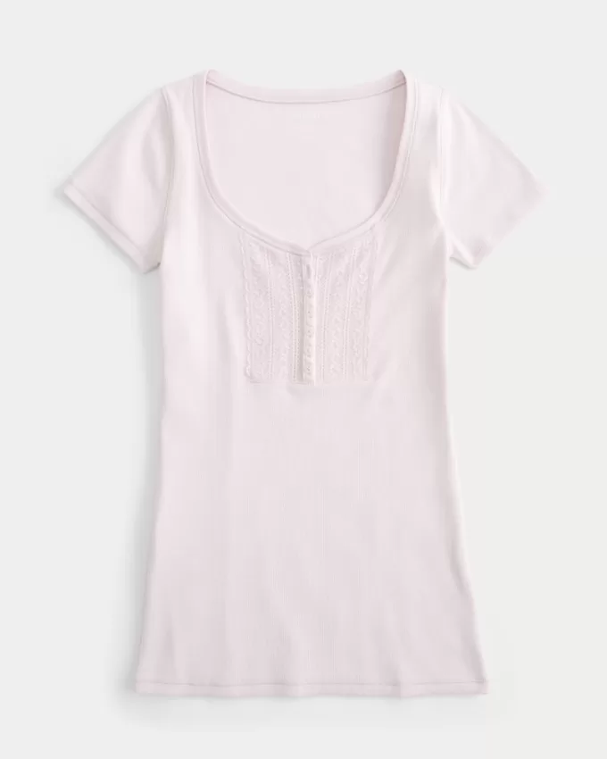 Ribbed Lace Placket Scoop Henley,Ribbed Lace Placket Scoop Henley