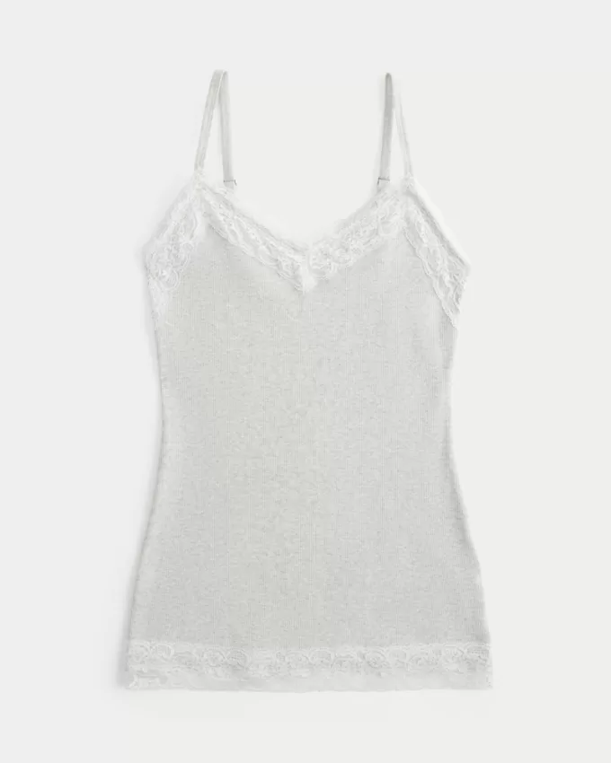 Ribbed Lace Trim Cami,Ribbed Lace Trim Cami