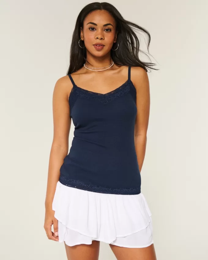 Ribbed Lace Trim Cami,Ribbed Lace Trim Cami