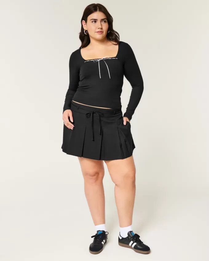 Ribbed Seamless Fabric Lace Trim Square-Neck Top,Ribbed Seamless Fabric Lace Trim Square-Neck Top