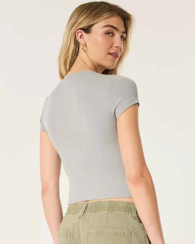 Ribbed Seamless Fabric Notch Neck Baby Tee,Ribbed Seamless Fabric Notch Neck Baby Tee