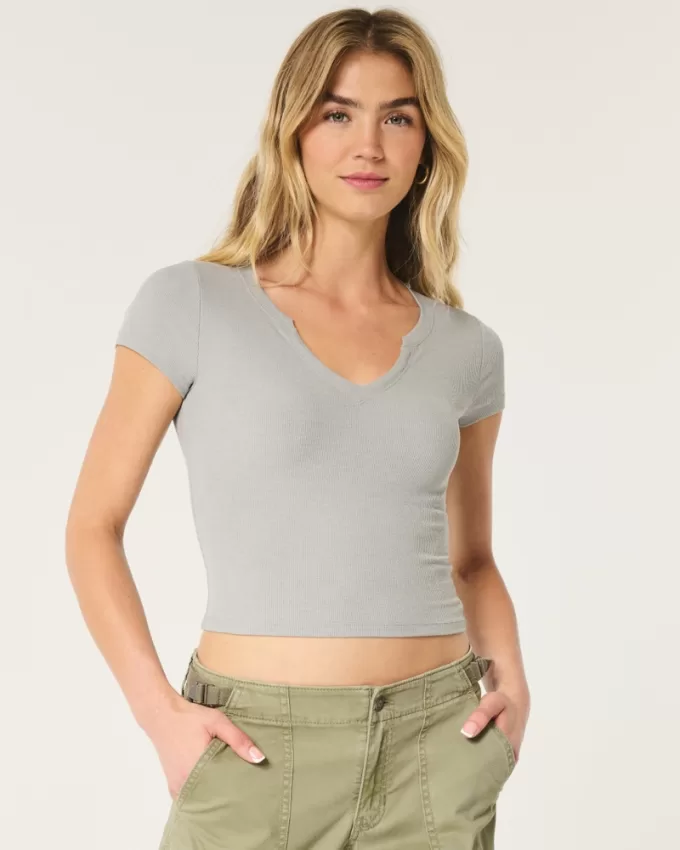 Ribbed Seamless Fabric Notch Neck Baby Tee,Ribbed Seamless Fabric Notch Neck Baby Tee