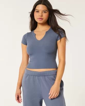 Ribbed Seamless Fabric Notch Neck Baby Tee,Ribbed Seamless Fabric Notch Neck Baby Tee