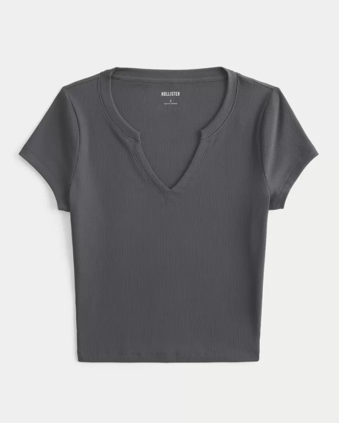 Ribbed Seamless Fabric Notch Neck Baby Tee,Ribbed Seamless Fabric Notch Neck Baby Tee Ribbed Seamless Fabric Notch Neck Baby Tee,Ribbed Seamless Fabric Notch Neck Baby Tee