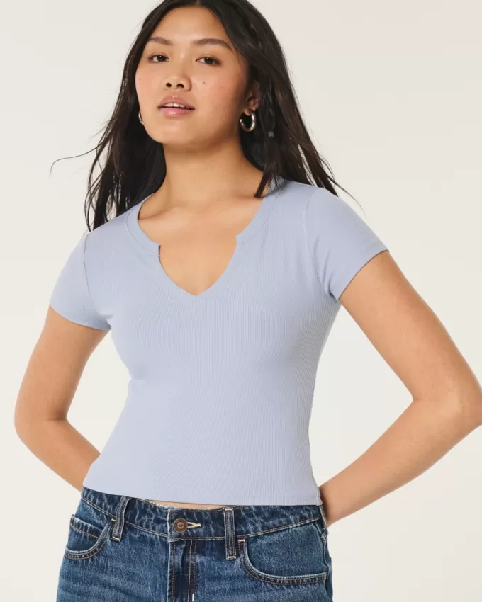 Ribbed Seamless Fabric Notch Neck Baby Tee,Ribbed Seamless Fabric Notch Neck Baby Tee