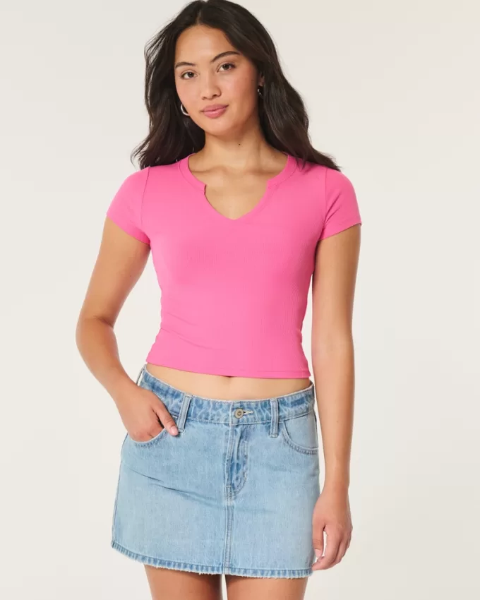 Ribbed Seamless Fabric Notch Neck Baby Tee,Ribbed Seamless Fabric Notch Neck Baby Tee