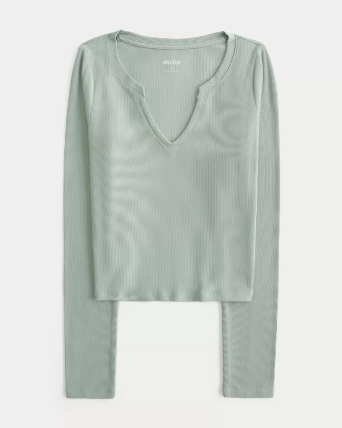 Ribbed Seamless Fabric Notch-Neck Top,Ribbed Seamless Fabric Notch-Neck Top