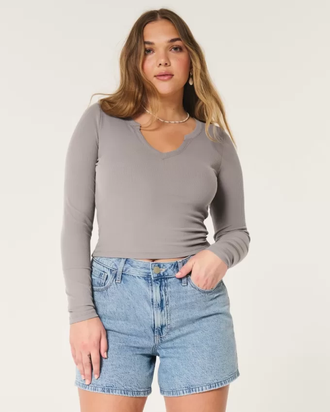 Ribbed Seamless Fabric Notch-Neck Top,Ribbed Seamless Fabric Notch-Neck Top