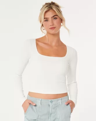 Ribbed Seamless Fabric Square-Neck Top,Ribbed Seamless Fabric Square-Neck Top