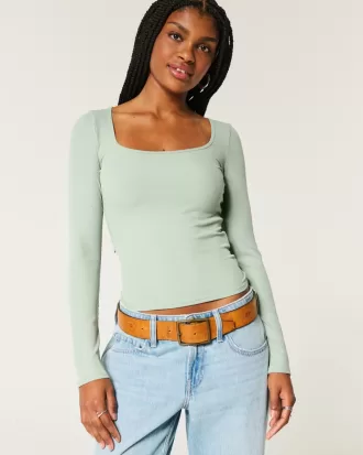 Ribbed Seamless Fabric Square-Neck Top,Ribbed Seamless Fabric Square-Neck Top