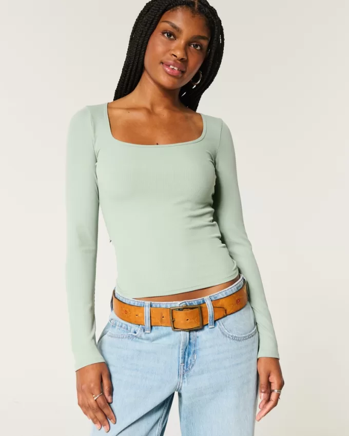 Ribbed Seamless Fabric Square-Neck Top,Ribbed Seamless Fabric Square-Neck Top