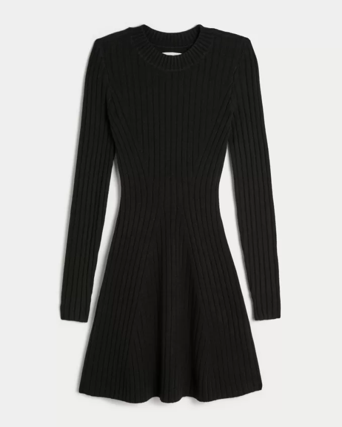 Ribbed Skater Mini Sweater Dress,Ribbed Skater Mini Sweater Dress