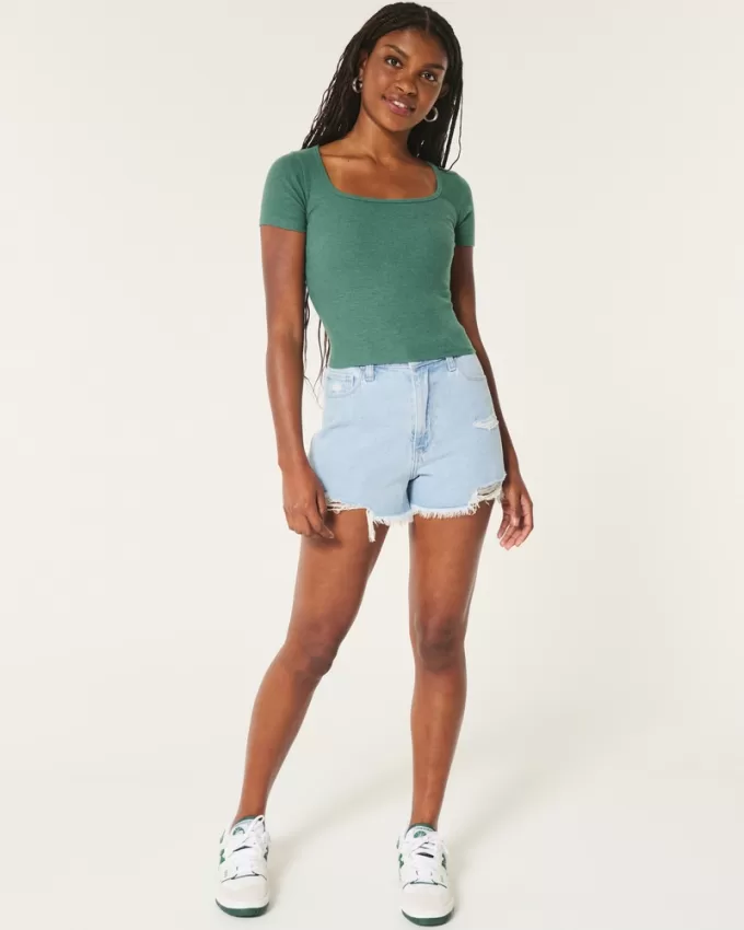 Ribbed Square-Neck Baby Tee,Ribbed Square-Neck Baby Tee