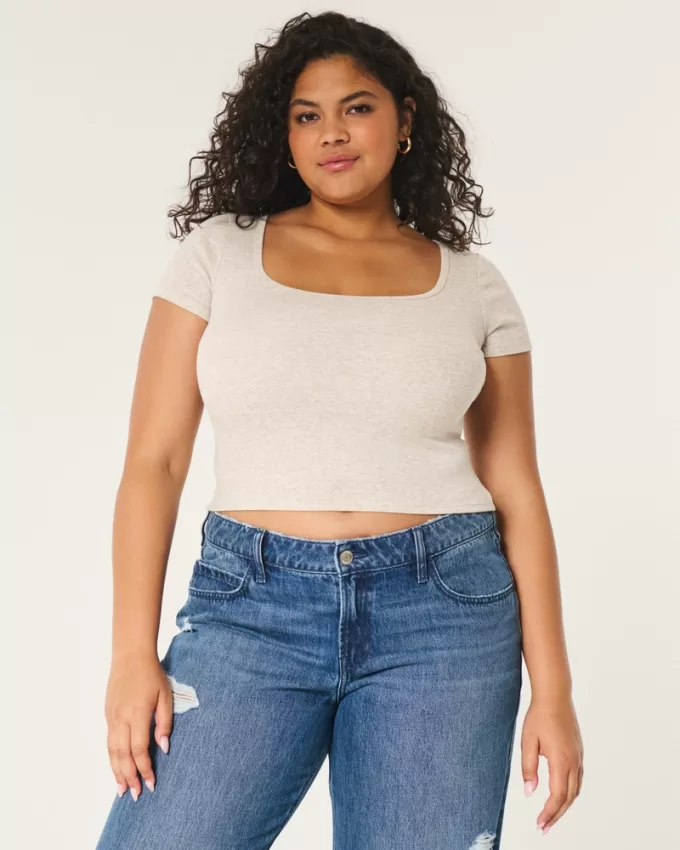 Ribbed Square-Neck Baby Tee,Ribbed Square-Neck Baby Tee