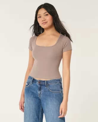 Ribbed Square-Neck Baby Tee,Ribbed Square-Neck Baby Tee