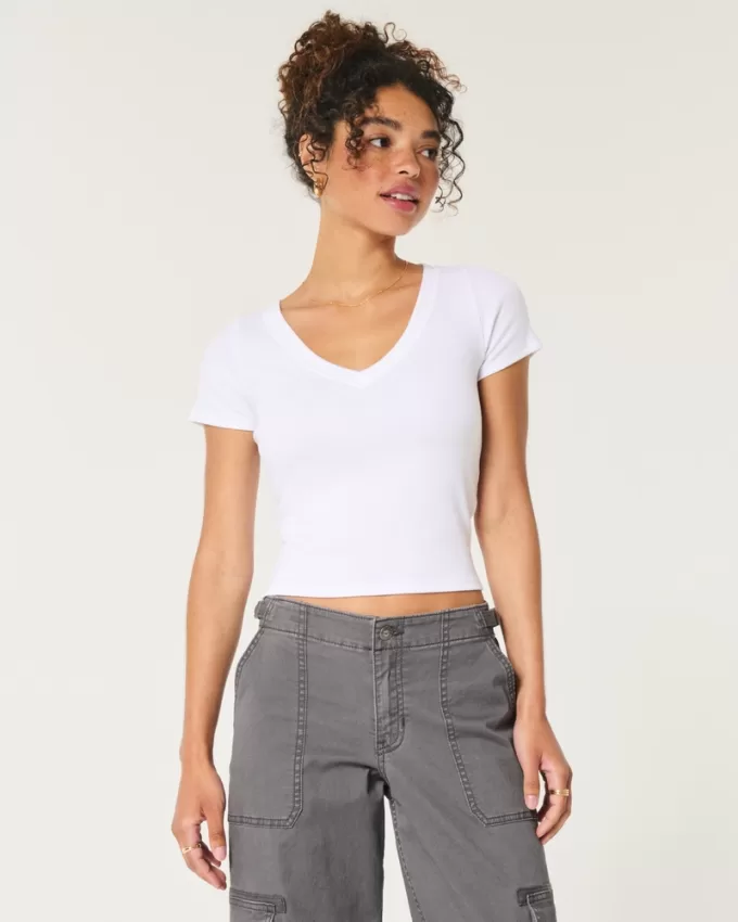 Ribbed V-Neck Top,Ribbed V-Neck Top