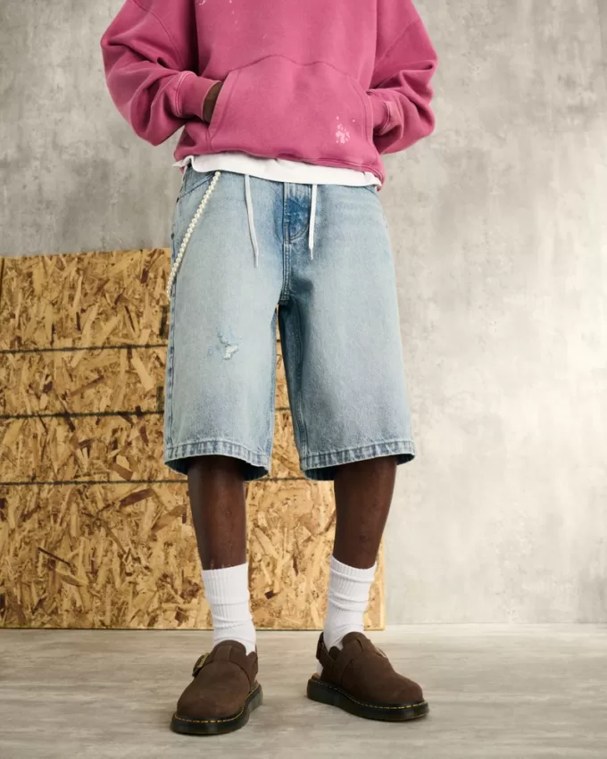 Ripped Light Wash Super Baggy Denim Shorts,Ripped Light Wash Super Baggy Denim Shorts