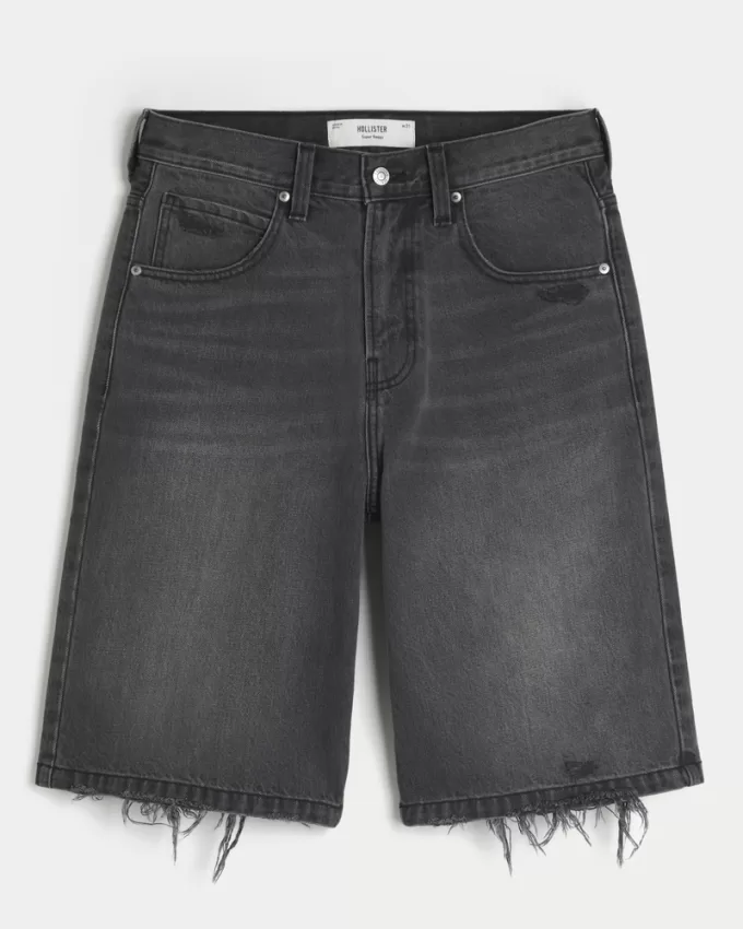 Ripped Washed Black Super Baggy Denim Shorts,Ripped Washed Black Super Baggy Denim Shorts