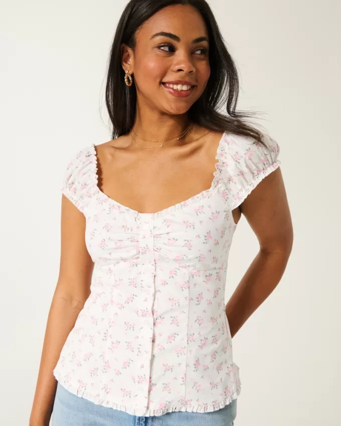 Ruffle Trim Poplin Blouse,Ruffle Trim Poplin Blouse