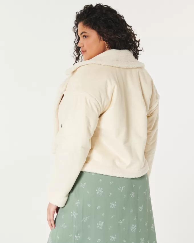 Sherpa-Lined Faux Suede Crop Biker Jacket,Sherpa-Lined Faux Suede Crop Biker Jacket